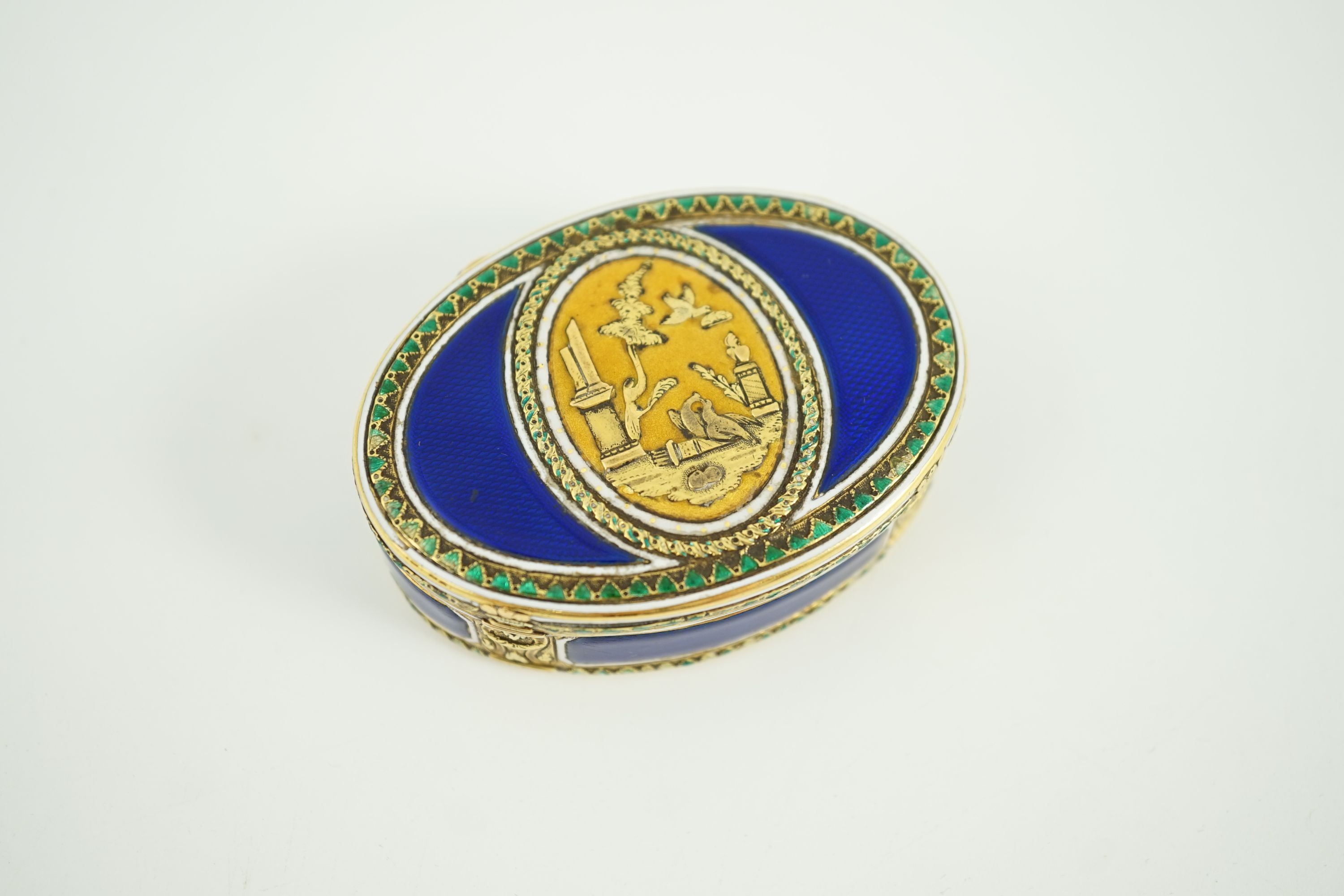A late 18th/early 19th century French? gold and polychrome enamel oval snuff box